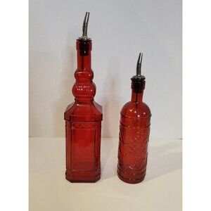 Red Glass Decanter Bottles, 12" Square And 9" Round With Raised Designs Vtg